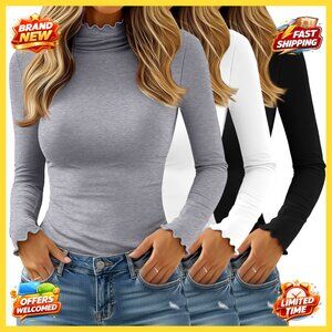 Mock Turtleneck Tops Long Sleeve Lettuce Trim Slim Fit Casual Layering Shirts